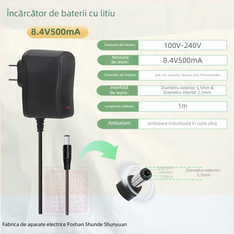 Încărcător pentru baterii Li‑ion 18650 cu ieșiri multiple: 4.2V1A, 5V1A, 8.4V1A, 12.6V1A, 16.8V1A; alimentare 100-240V AC.
