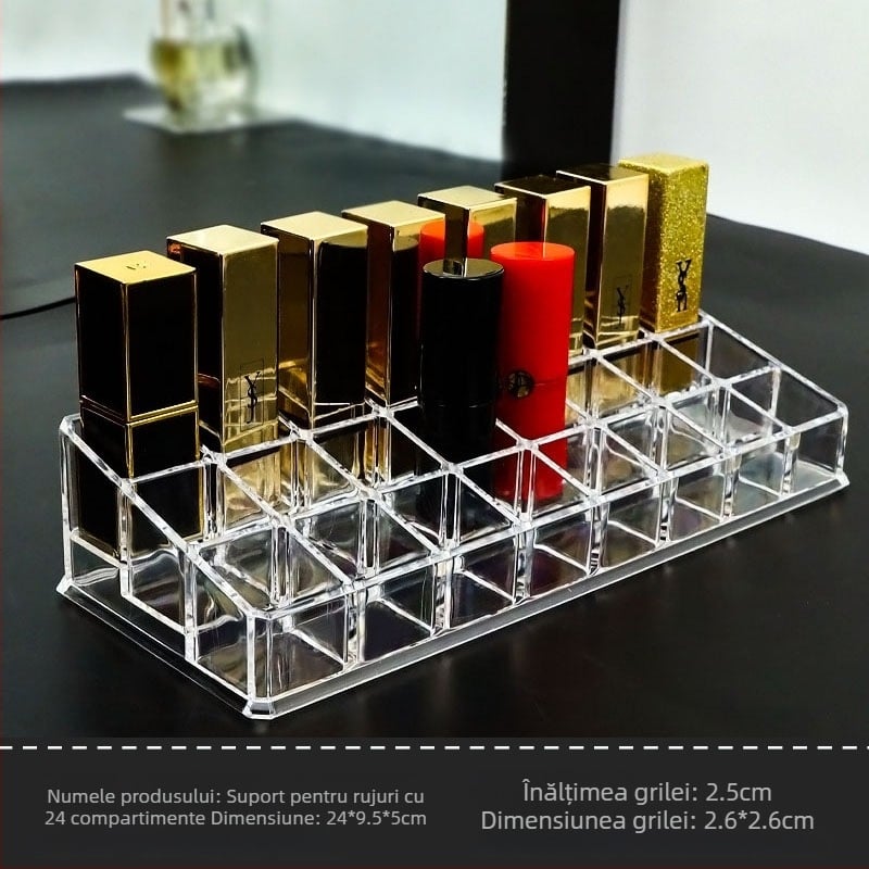 Suport pentru ruj cu 24 compartimente, organizator transparent pentru cosmetice, afișaj de birou, 1 nivel, din plastic PS nou 100%