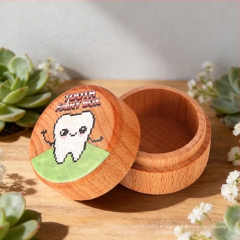 Cutie de amintiri din lemn pentru dinții de lapte și părul bebelușului, design rotund, lemn masiv, brand Golden Palm