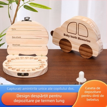 Cutie de depozitare pentru dinții de lapte, din lemn masiv, cu design desen animat, pentru băieți și fete, potrivită pentru copii 0–3 ani