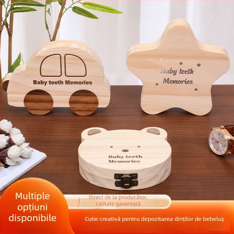 Cutie de depozitare pentru dinții de lapte, din lemn masiv, cu design desen animat, pentru băieți și fete, potrivită pentru copii 0–3 ani