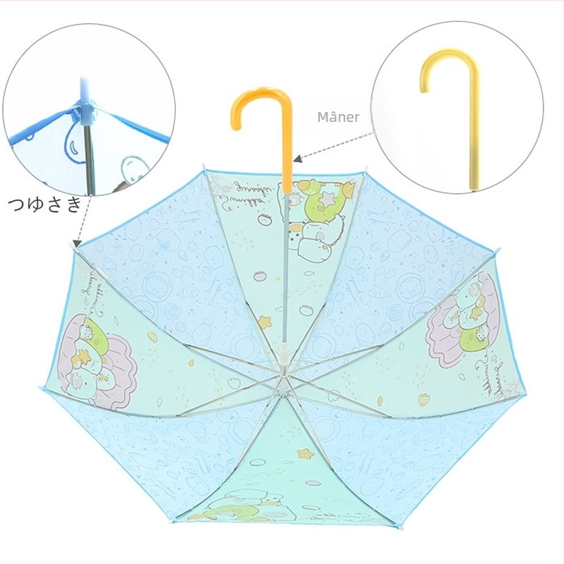 Umbrelă pentru copii, mâner lung, 12 brațe, cadru din fibră de sticlă, mâner din aluminiu, țesătură poliester 170T, deschidere și închidere manuală, stil desen animat japonez