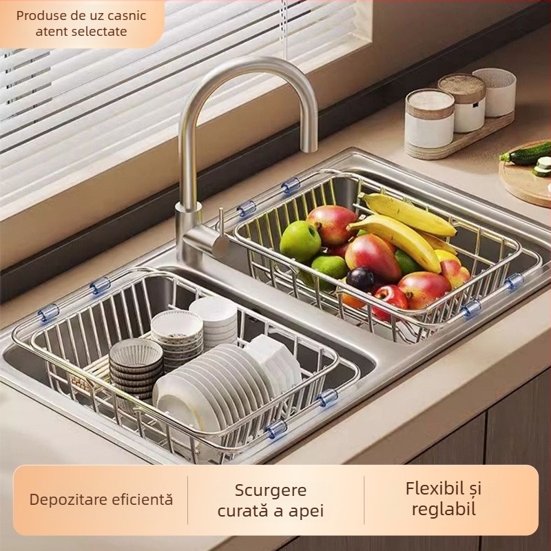 Coș de scurgere pentru chiuvetă, organizator telescopic de bucătărie, oțel inoxidabil 201, pe blat, mobil