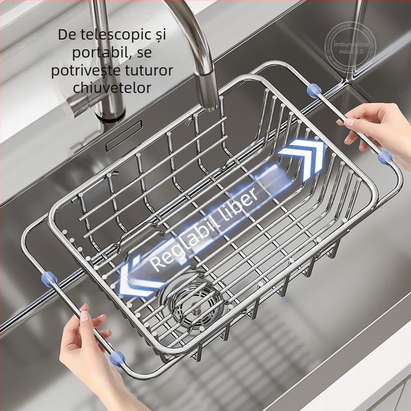 Coș de scurgere pentru chiuvetă, organizator telescopic de bucătărie, oțel inoxidabil 201, pe blat, mobil