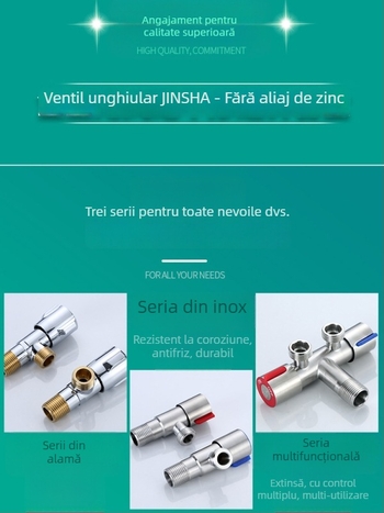 Supapă unghiulară cu corp din cupru, piese din oțel inoxidabil 304, pentru apă caldă și rece, intrare unic și două ieșiri