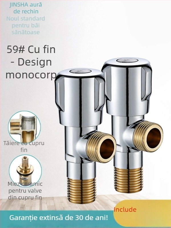 Supapă unghiulară cu corp din cupru, piese din oțel inoxidabil 304, pentru apă caldă și rece, intrare unic și două ieșiri