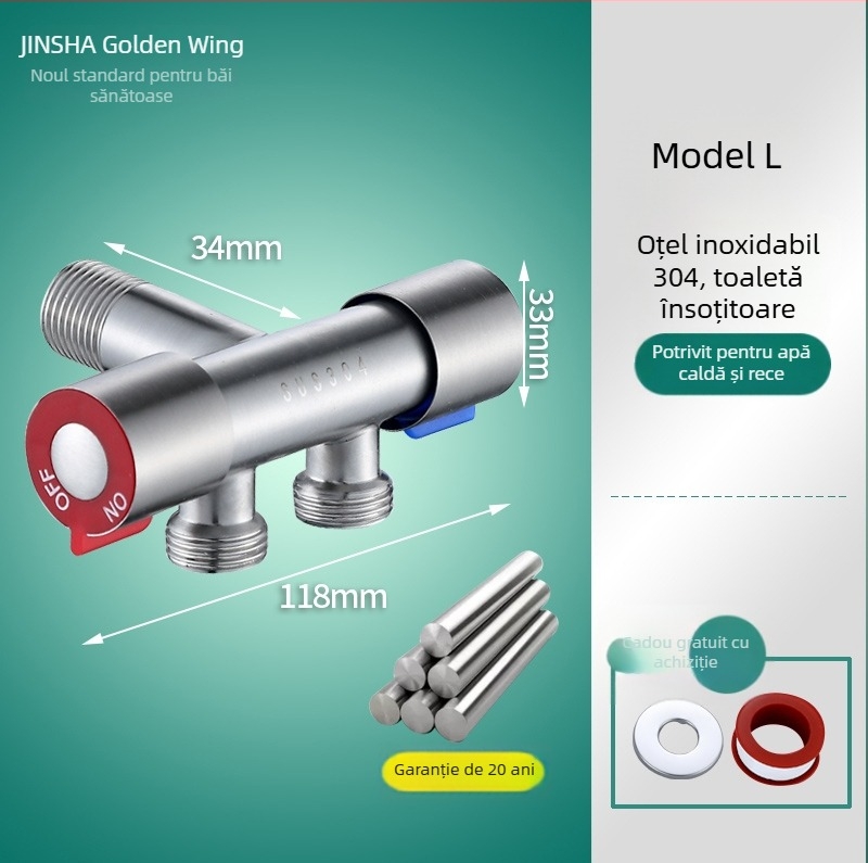 Supapă unghiulară cu corp din cupru, piese din oțel inoxidabil 304, pentru apă caldă și rece, intrare unic și două ieșiri