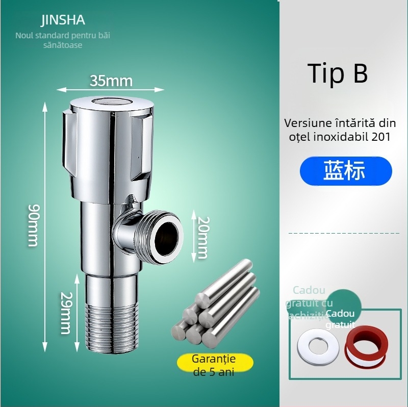 Supapă unghiulară cu corp din cupru, piese din oțel inoxidabil 304, pentru apă caldă și rece, intrare unic și două ieșiri