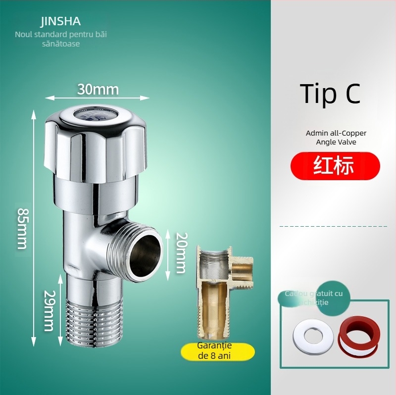 Supapă unghiulară cu corp din cupru, piese din oțel inoxidabil 304, pentru apă caldă și rece, intrare unic și două ieșiri
