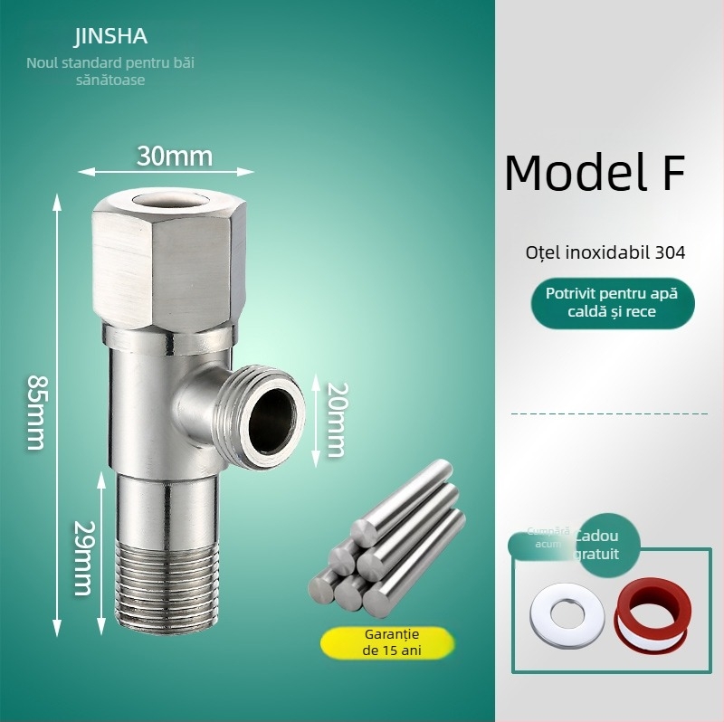 Supapă unghiulară cu corp din cupru, piese din oțel inoxidabil 304, pentru apă caldă și rece, intrare unic și două ieșiri