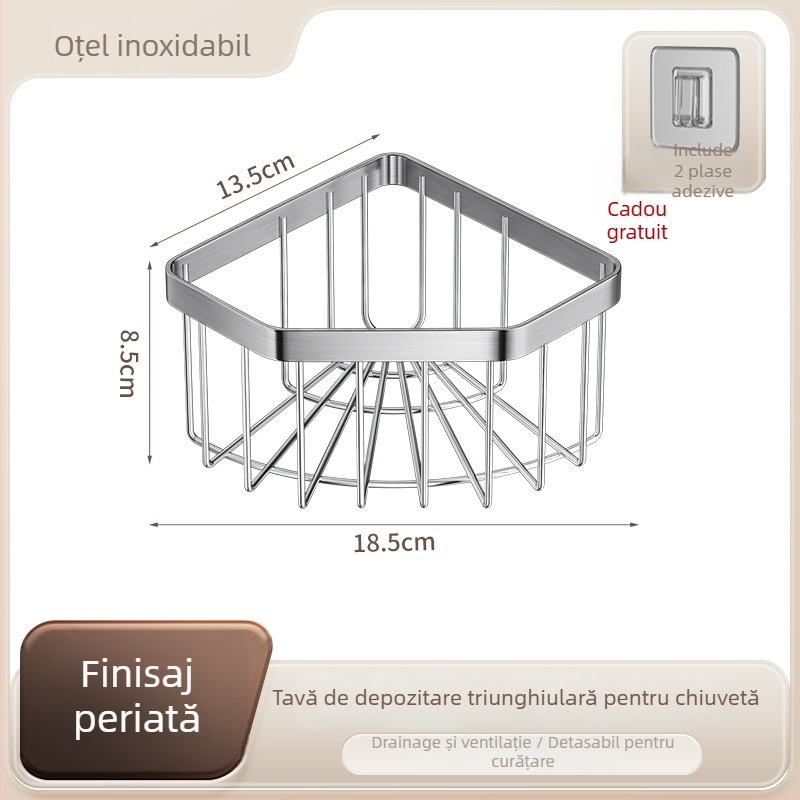 Coș de depozitare pentru bureți la chiuveta de colț din oțel inoxidabil, suport triunghiular pentru drenaj, montaj fără găuri, finisaj satinat, capacitate 10 kg