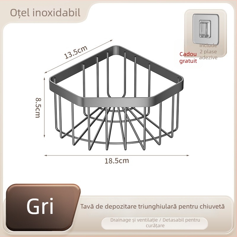 Coș de depozitare pentru bureți la chiuveta de colț din oțel inoxidabil, suport triunghiular pentru drenaj, montaj fără găuri, finisaj satinat, capacitate 10 kg