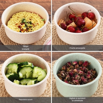 Cutie pentru alimente din paie de grâu, formă rotundă, 501–800 ml, necompatibilă cu cuptorul cu microunde