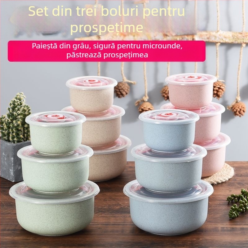 Cutie pentru alimente din paie de grâu, formă rotundă, 501–800 ml, necompatibilă cu cuptorul cu microunde