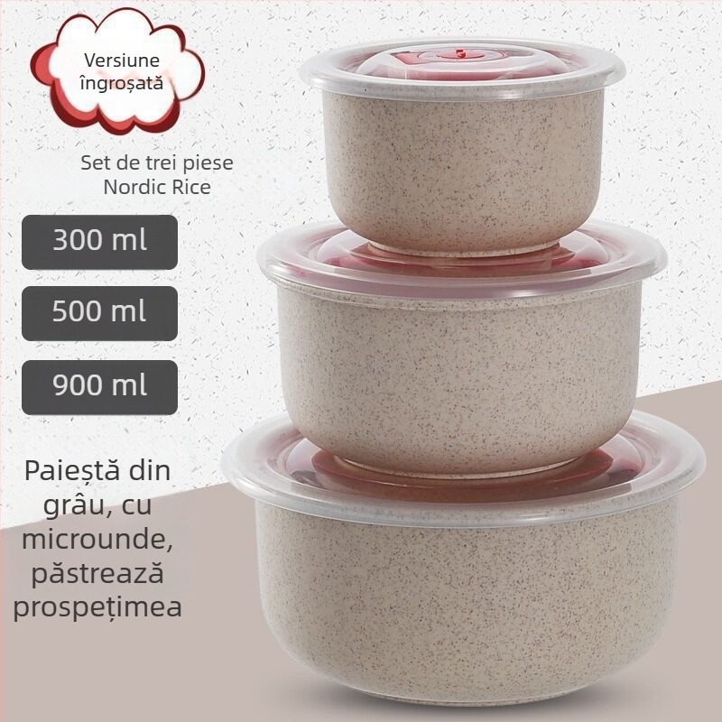 Cutie pentru alimente din paie de grâu, formă rotundă, 501–800 ml, necompatibilă cu cuptorul cu microunde