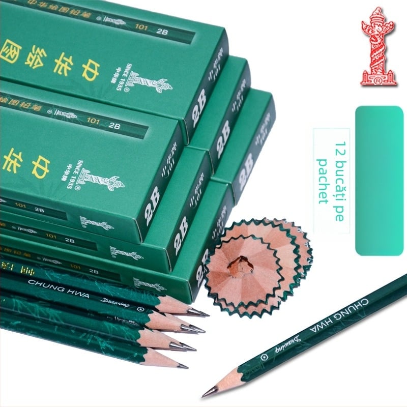 Set de creioane din lemn pentru desen, 12 bucăți în cutie, cu nuanțe de duritate HB, 2H, 3H, B, 2B, 4B, 6B; potrivit pentru copii și elevi.