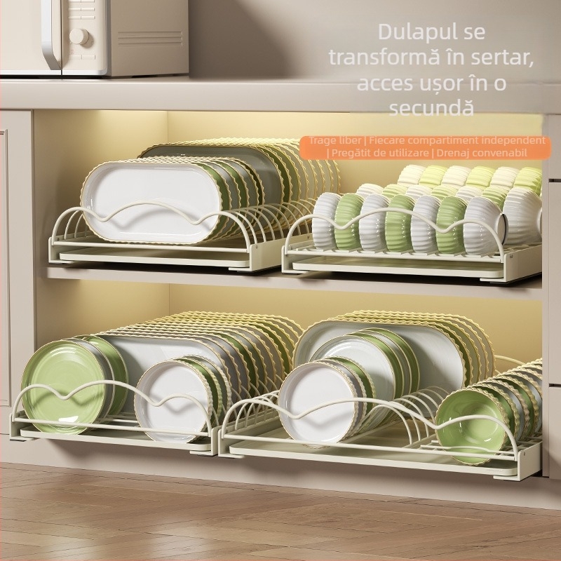 Raft de bucătărie pentru vase, tip sertar, sârmă din fier, încorporat, suport de drenaj pentru farfurii, stil modern minimalist