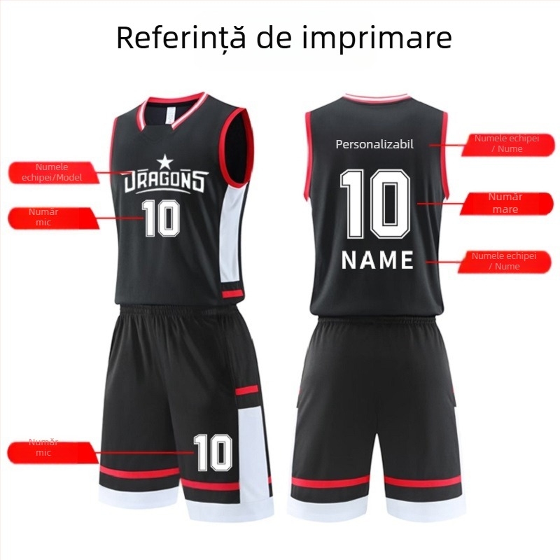 Set personalizat baschet pentru copii – tricou și vestă unisex din poliester, potrivit pentru vară, primăvară și toamnă