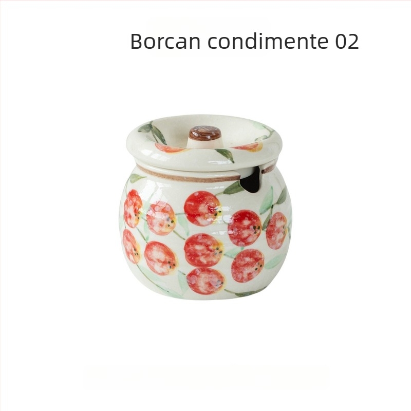 Recipient ceramic pentru condimente în stil Mino, cu motiv roșu persimon