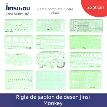 Șablon de desen Golden Monkey cu 26 modele diferite, forme rotunde, ovale și pătrate, din plastic, riglă multifuncțională