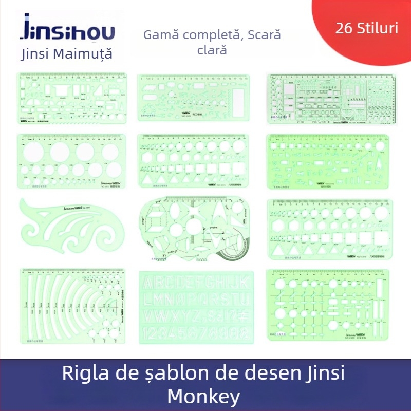 Șablon de desen Golden Monkey cu 26 modele diferite, forme rotunde, ovale și pătrate, din plastic, riglă multifuncțională