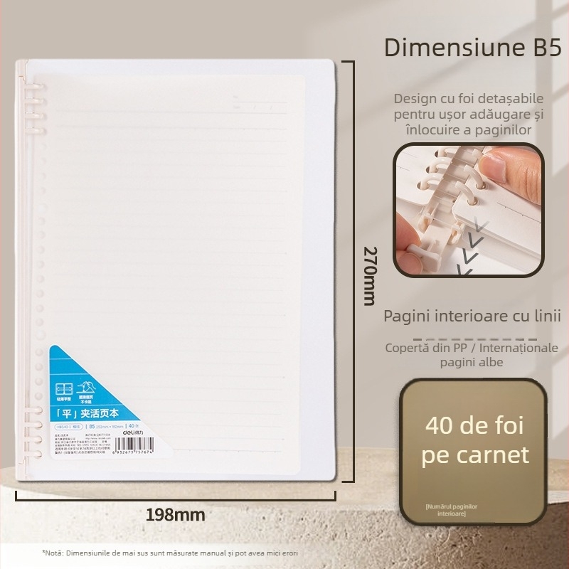 Deli HA540-1 Carcasă pentru caiet cu foi detașabile, pagini liniate, 40 de pagini, foi interioare detașabile, compatibilă cu găuri 20/26