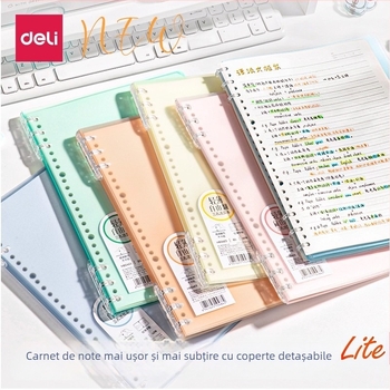 Caiet Deli cu foi detașabile, format A5, 40 coli, 3 găuri