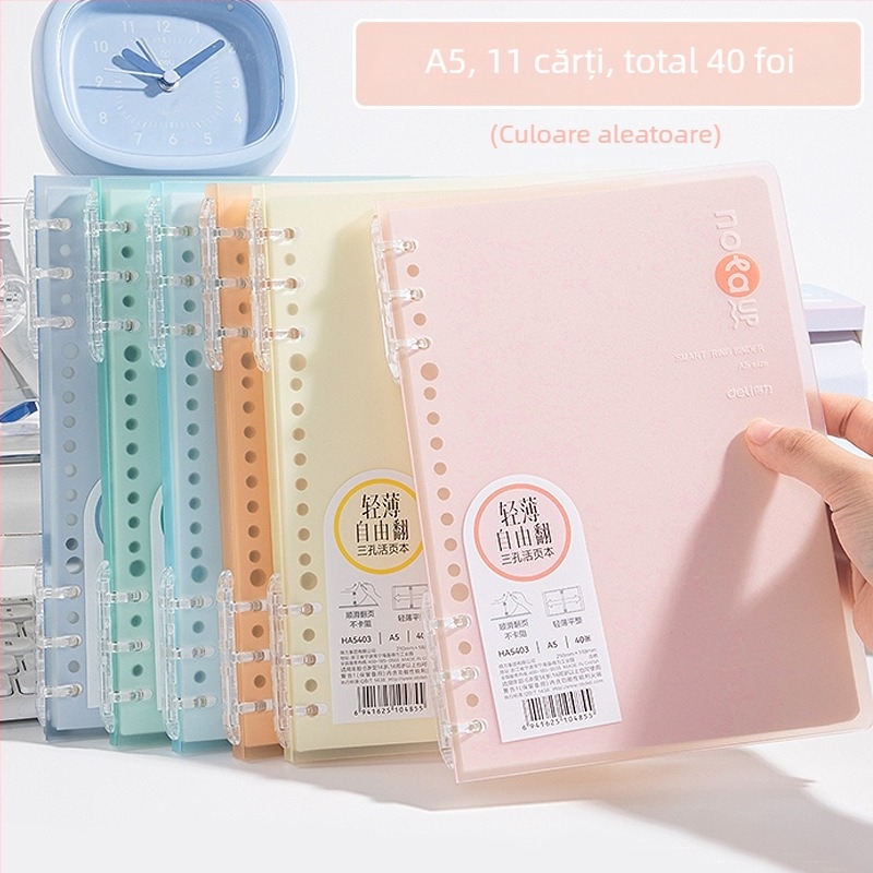 Caiet Deli cu foi detașabile, format A5, 40 coli, 3 găuri