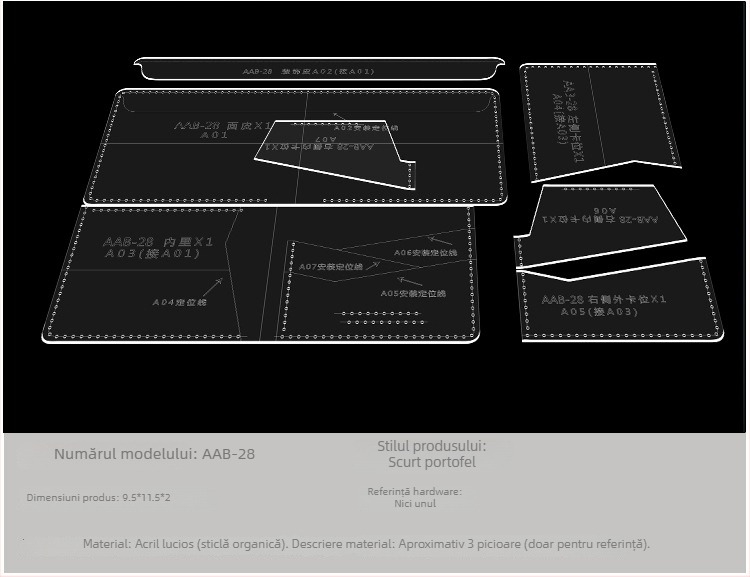 Șablon din acril pentru portofel – portofel scurt cu mai multe carduri, șablon DIY pentru design din piele