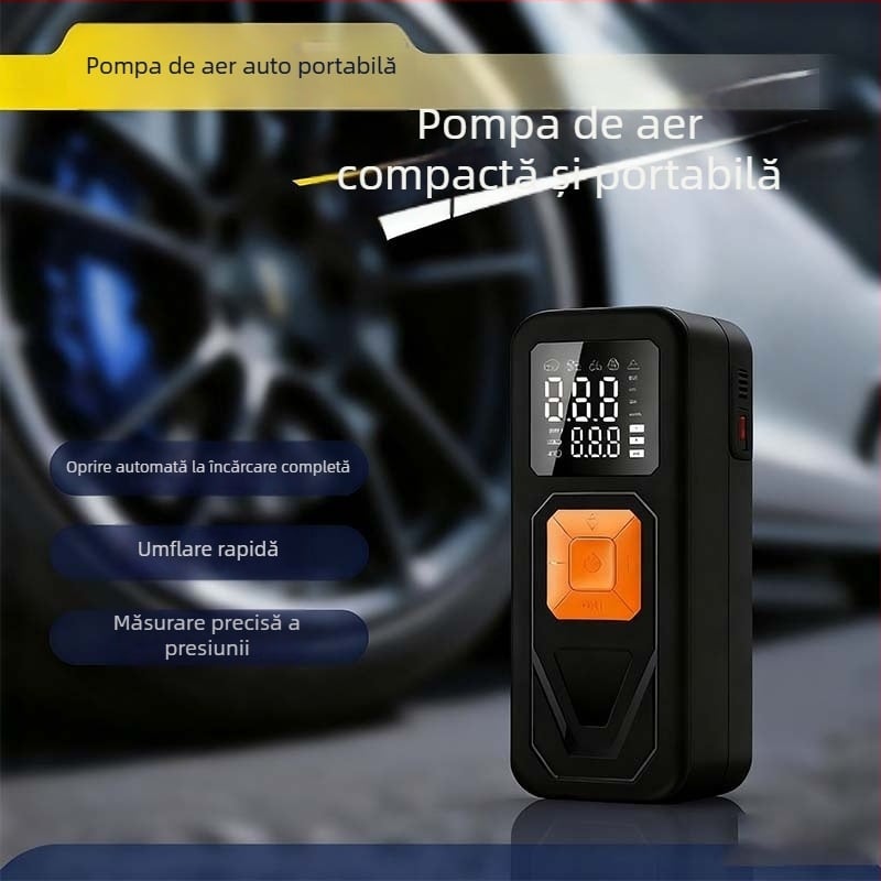 Pompa de aer fără fir pentru mașină, cu afișaj digital, 12V, reîncărcabilă, debit 30 L/min, manometru pentru presiunea pneurilor