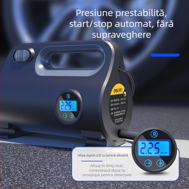 Umflător auto portabil, pompă cu presiune înaltă, presetare a presiunii pneurilor, 120W, încărcare USB, cilindru unic, afișaj cu indicator