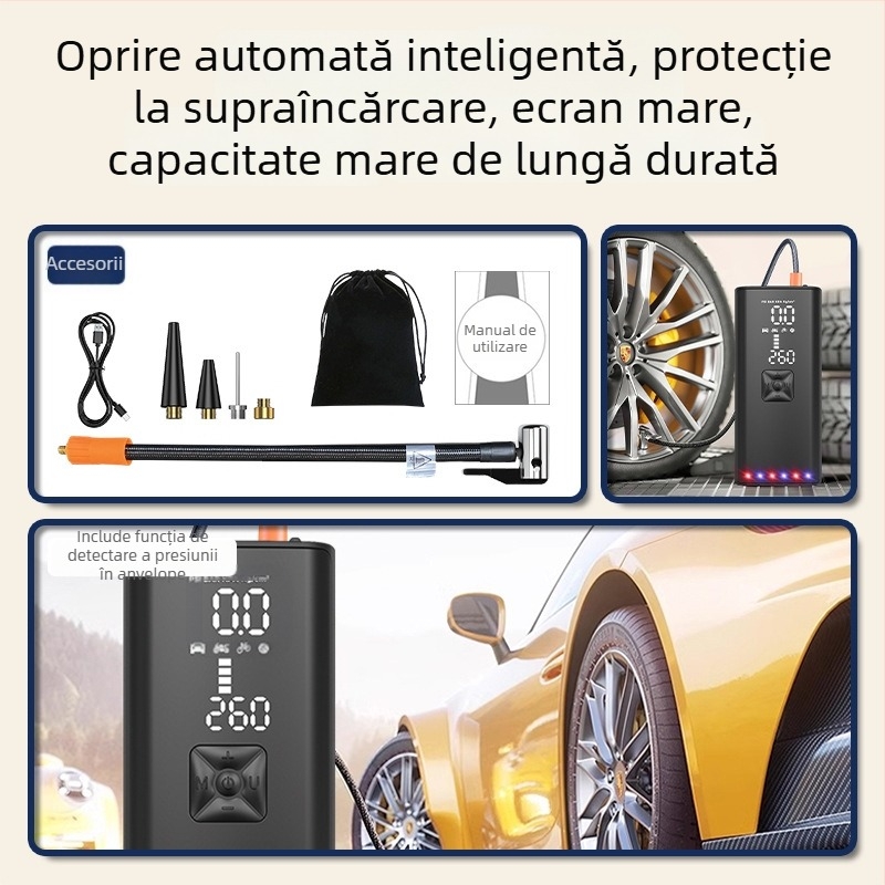 Pompa de aer portabilă pentru mașini, umflător de pneuri cu afișaj digital și iluminare