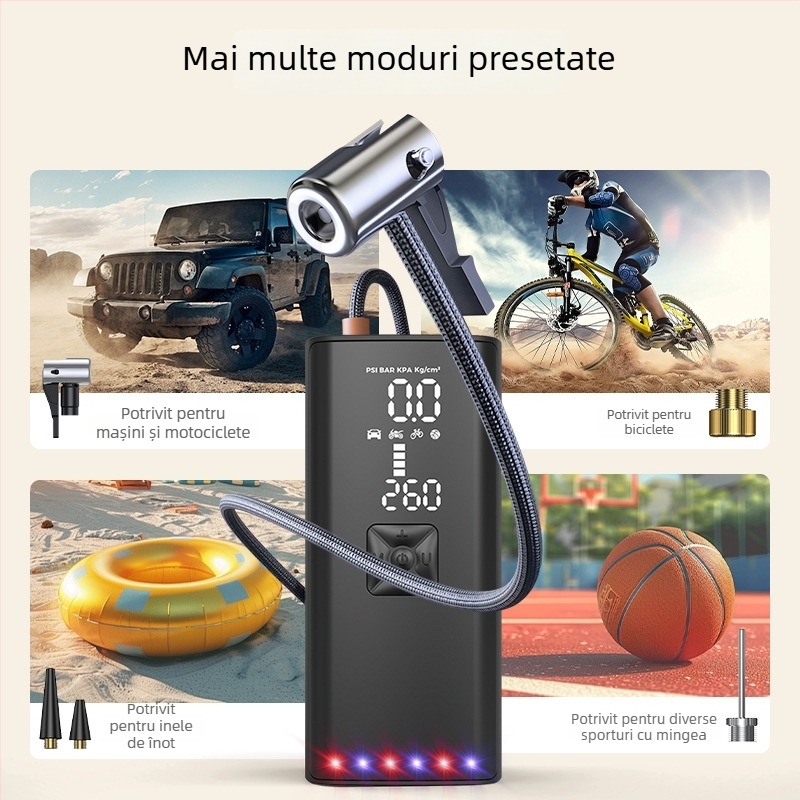 Pompa de aer portabilă pentru mașini, umflător de pneuri cu afișaj digital și iluminare