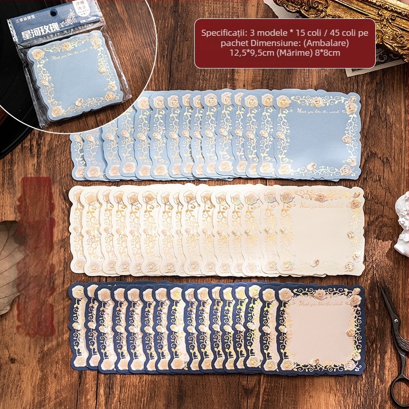 Rose Island pachet de trei foițe de notițe din hârtie cu relief tridimensional și ștampilare cu presiune fierbinte pe un fundal retro, în stil artă modernă.