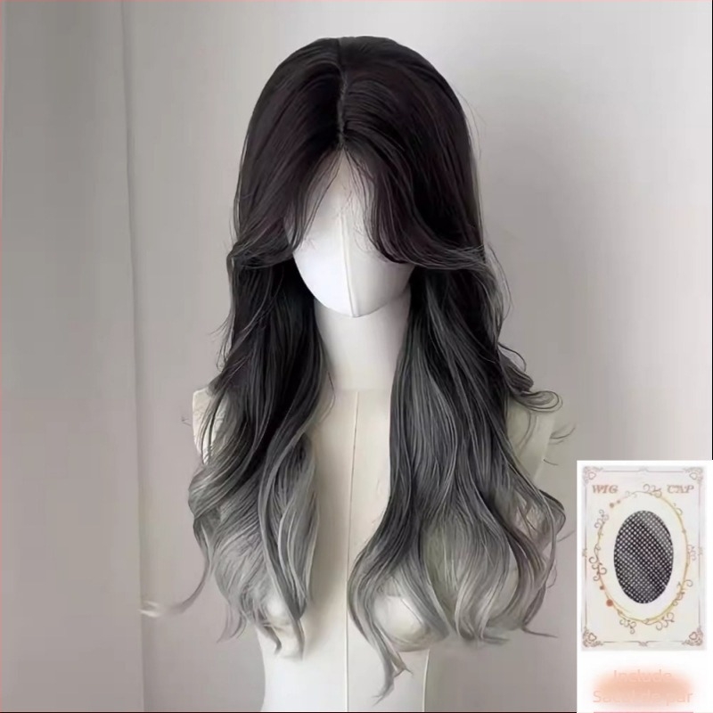 Perucă pentru femei: păr lung buclat, nuanțe ombre gri, aspect natural, parte mijlocie, model MG-CJ-100, material mătase rezistentă la temperaturi înalte, mecanism de prelucrare, poate fi vopsită sau permutată