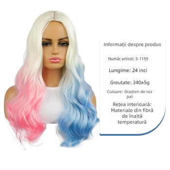 Perucă de cosplay inspirată de Harley Quinn, păr lung și buclat, acoperire completă a capului, model S-1159, fibre sintetice rezistente la temperatură