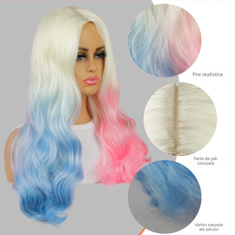 Perucă de cosplay inspirată de Harley Quinn, păr lung și buclat, acoperire completă a capului, model S-1159, fibre sintetice rezistente la temperatură