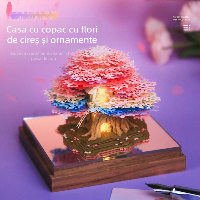 Calendar 3D panoramic din hârtie cu ornament de copac cu cireș și căsuță, ambalat într-o cutie cadou, formă: bloc de hârtie