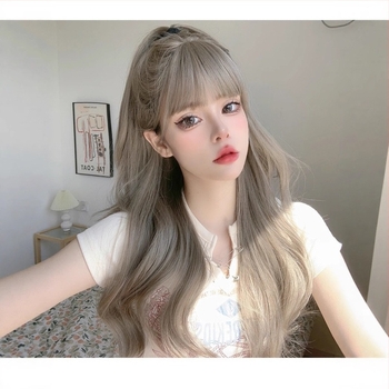 Perucă cu bucle lungi, stil coreean, fir rezistent la temperaturi înalte, poate fi vopsită, schimbabilă coafură, breton: drept sau înclinat