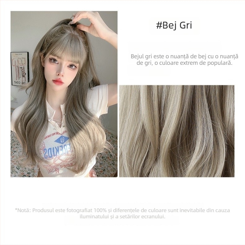 Perucă cu bucle lungi, stil coreean, fir rezistent la temperaturi înalte, poate fi vopsită, schimbabilă coafură, breton: drept sau înclinat