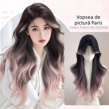 Perucă completă pentru femei, păr lung buclat cu nuanțe gradient, fibră sintetică rezistentă la temperatură, breton lung cu partajare centrală, model DM753-R2/203