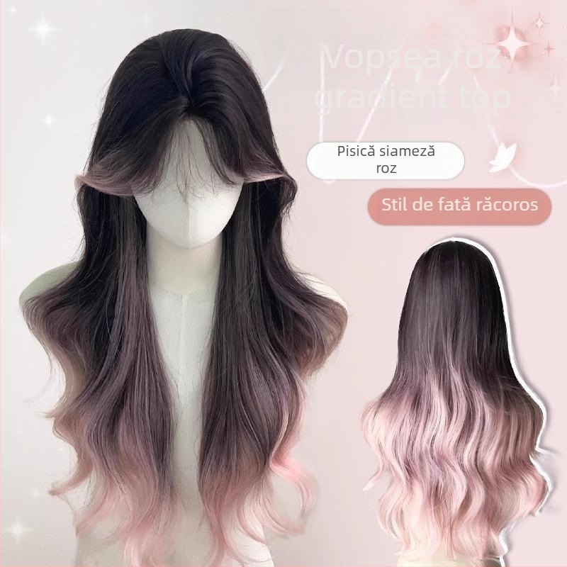 Perucă completă pentru femei, păr lung buclat cu nuanțe gradient, fibră sintetică rezistentă la temperatură, breton lung cu partajare centrală, model DM753-R2/203