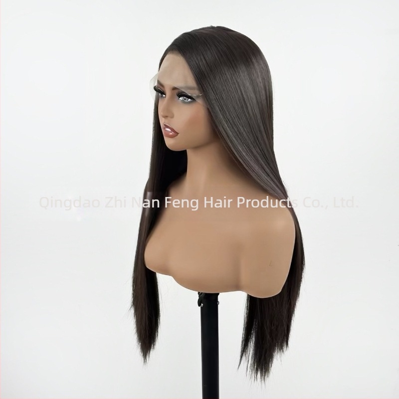 Perucă cu dantelă frontală, stil natural, fibre mate rezistente la temperatură, producție semi-automat- semi-artizanală, poate fi vopsită și poate fi permată.