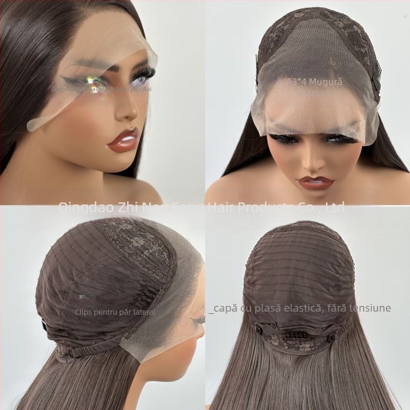 Perucă cu dantelă frontală, stil natural, fibre mate rezistente la temperatură, producție semi-automat- semi-artizanală, poate fi vopsită și poate fi permată.