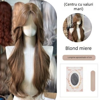 Perucă cu dantelă frontală, capac complet îmbunătățit, Eight-Character Bangs, Valuri mari, Mătase japoneză