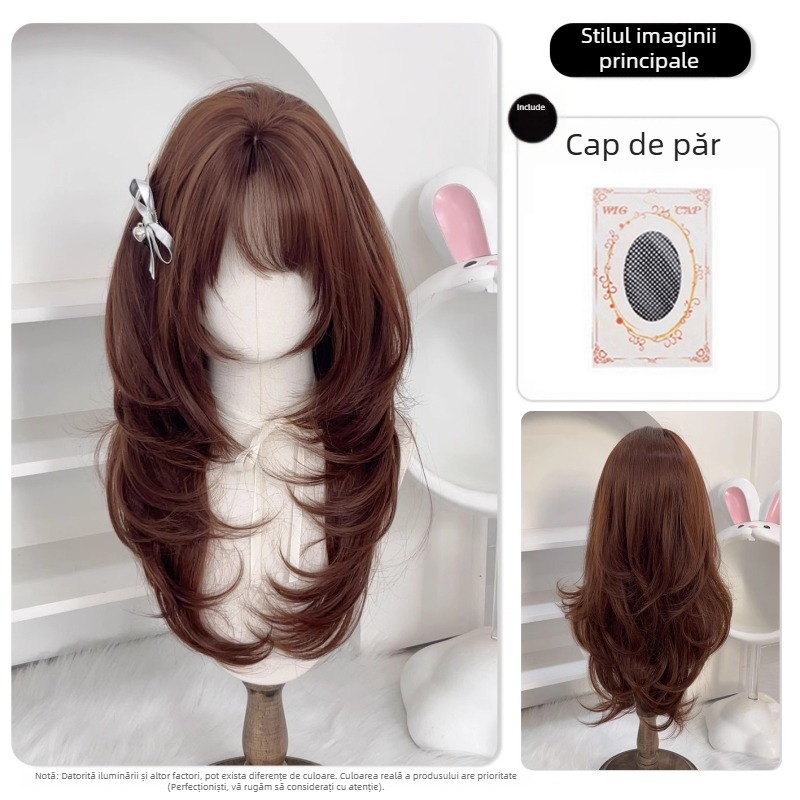 Perucă pentru femei în stil coreean cu păr lung buclat și breton (Dm896-33, fibre rezistente la temperatură, lungime medie-lungă, design coreean)