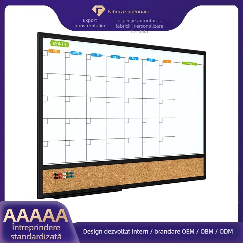 Tablă memo calendar săptămânal personalizabilă: tablă albă magnetică cu inserție de plută într-o ramă din aluminiu