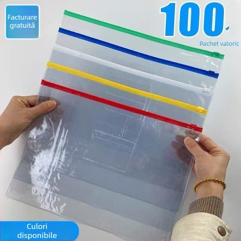 Set de 100 pungi transparente din PVC cu închidere etanșă pentru documente