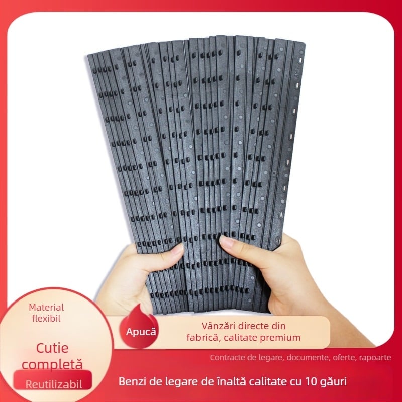 100 benzi de legare a documentelor, benzi de margine cu 10 găuri, plastic, grosime 5 mm