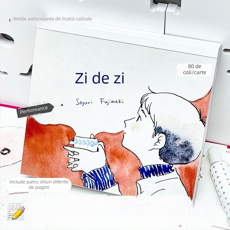 Bloc de notițe pătrat cu hârtie Mino Washi, design original de ilustrator, stil desen animat, ediție limitată primăvară-vară